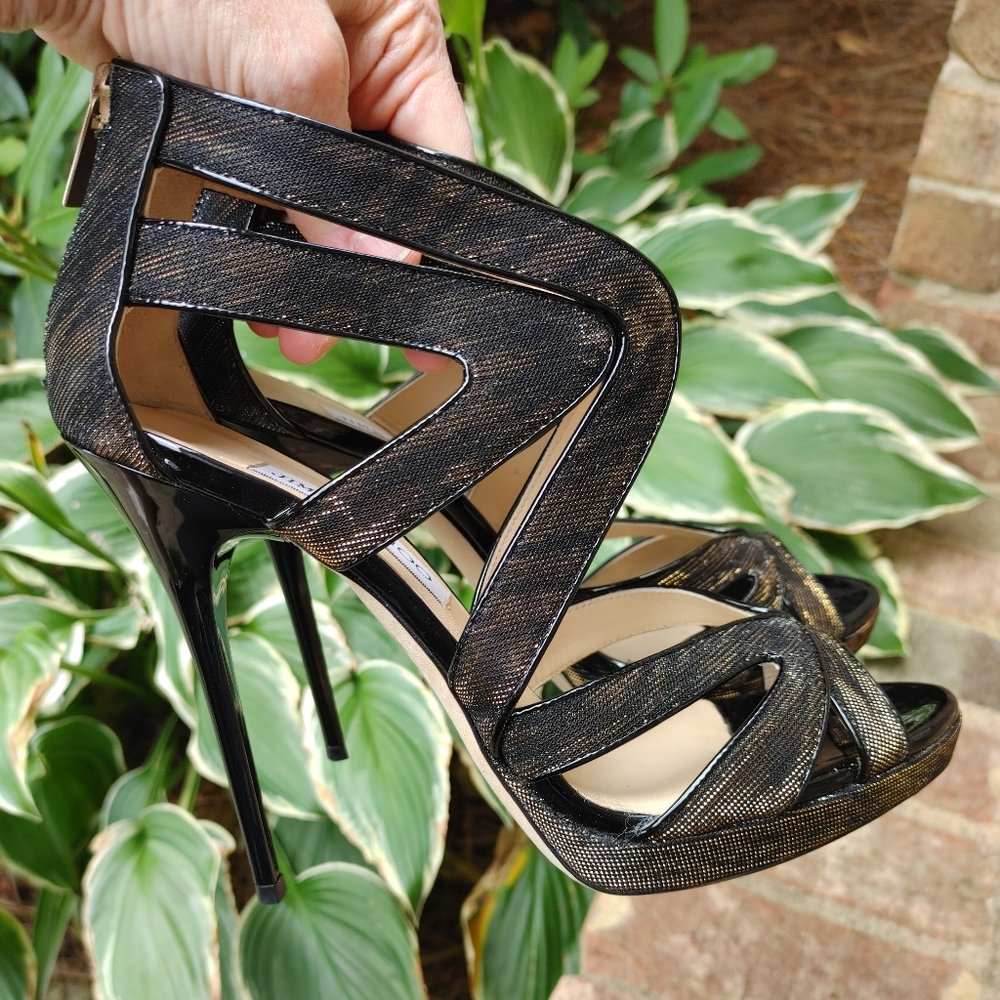 JIMMY CHOO 142 "COLLAR" ZEBRA LAME GLITTER SANDAL, BLACK/AMBER 39 - Picture 8 of 16